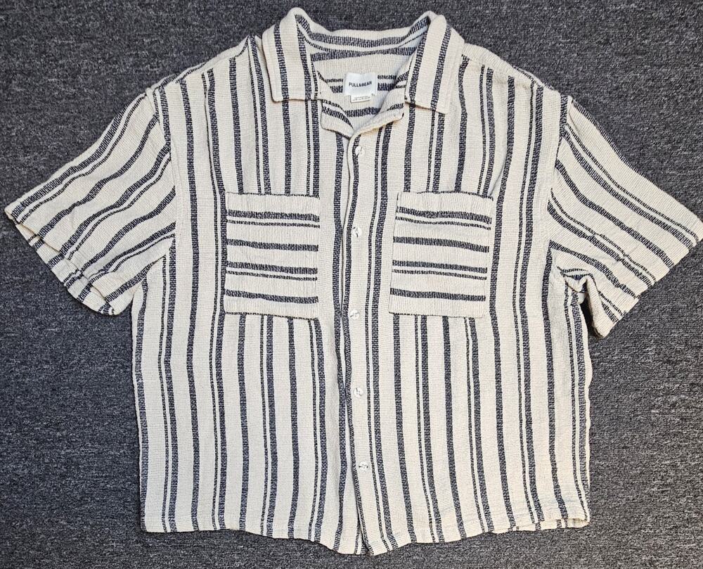 Pull & Bear Rustic Striped Button Down Textured Woven Short Sleeve Shirt Szie XL